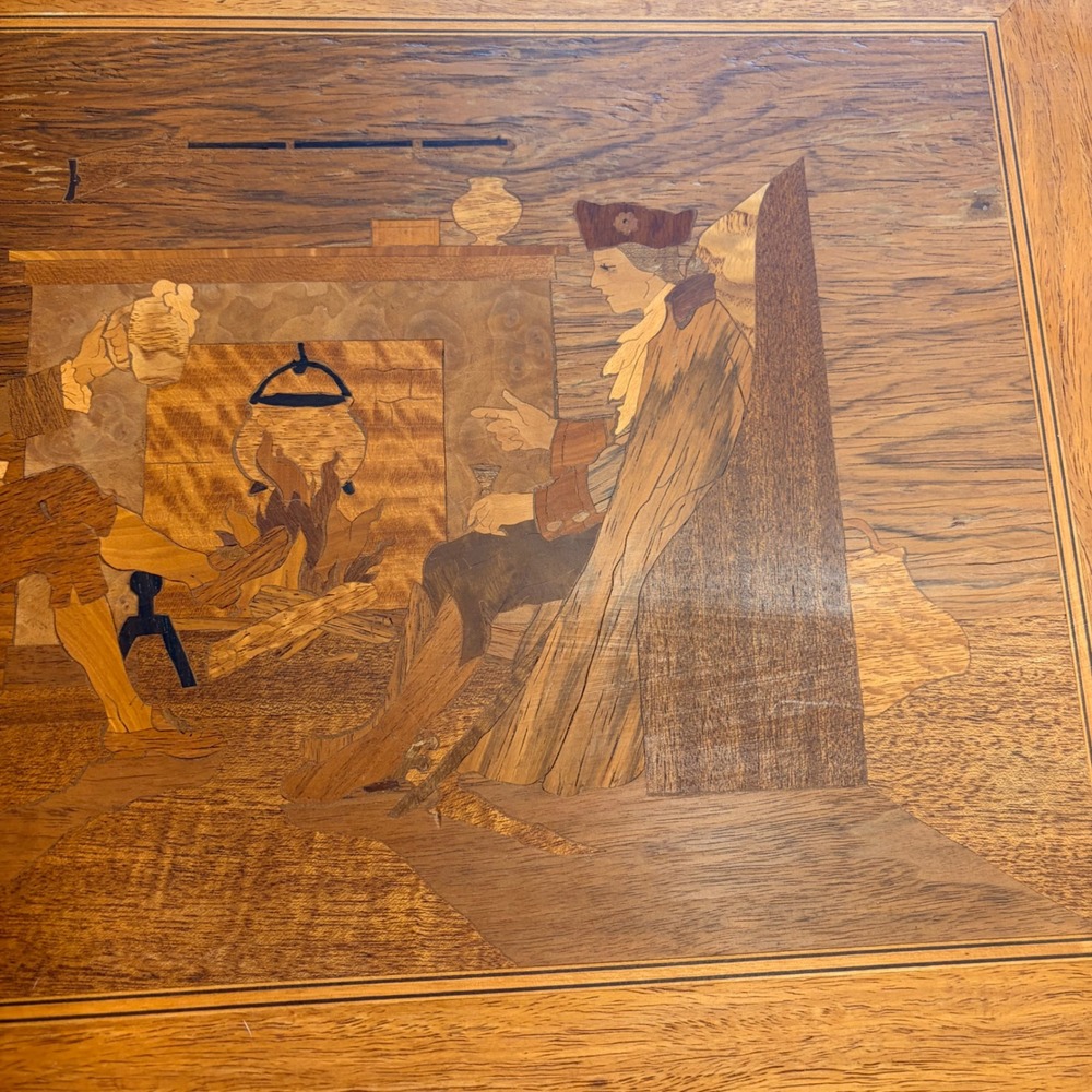 Vintage Wood Inlay Marquetry Art Colonial Tavern Scene Fireplace Cat 21x15 - Picture 3 of 9
